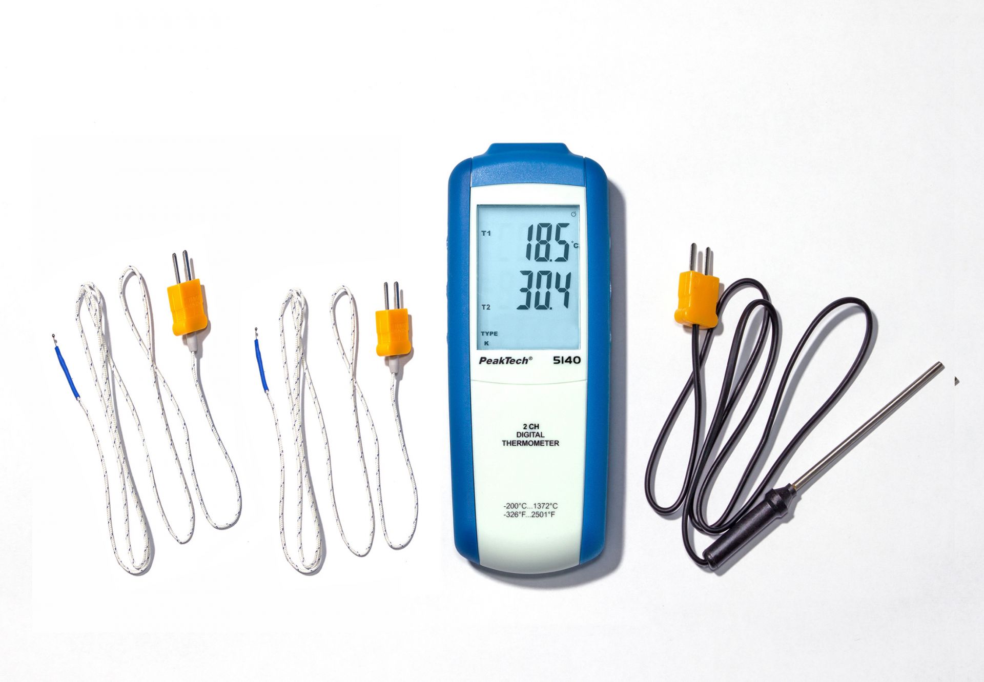 PeakTech® P 5140: Termómetro Digital de 2 Canales, Rango de -200 a +1372ºC
