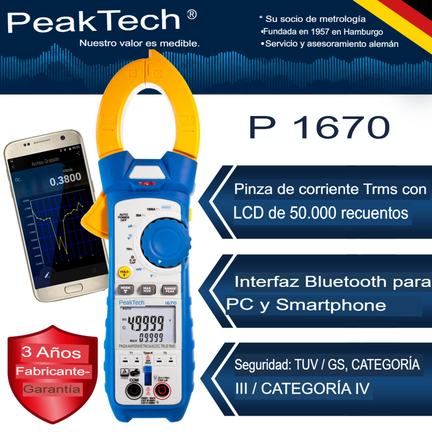PeakTech P 1670 Pinza Corriente TrueRMS 50000 cnt 1000A AC/DC BT - Image 2