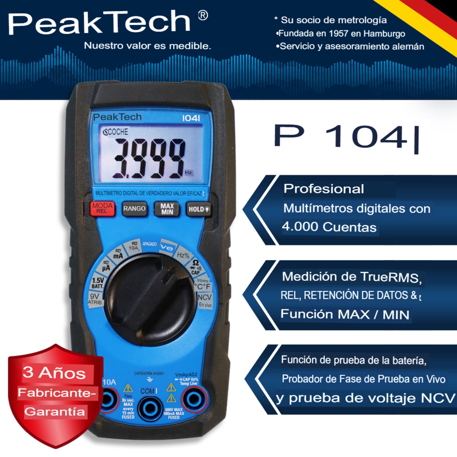 Multímetro digital PeakTech P 1041» TrueRMS de 4000 cuentas. Rango automático. - Image 3
