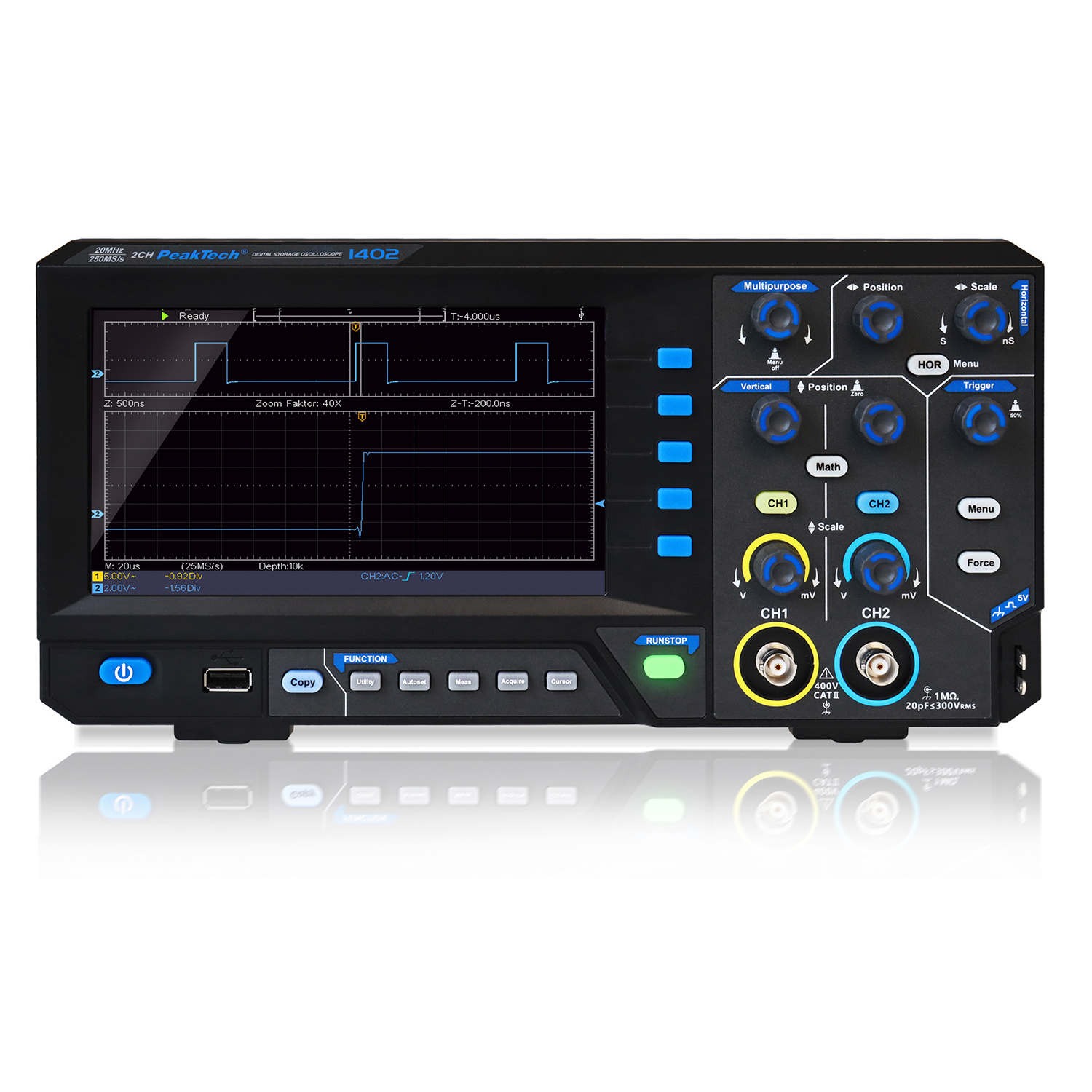 PeakTech P 1402 20 MHz / 2CH, 250 MS/s Osciloscopio digital