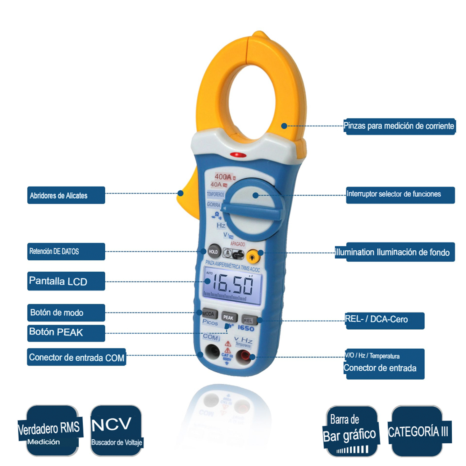 PeakTech P 1650 Medidor de Pinza TrueRMS, 4000 cuentas 400A AC/DC - Image 3