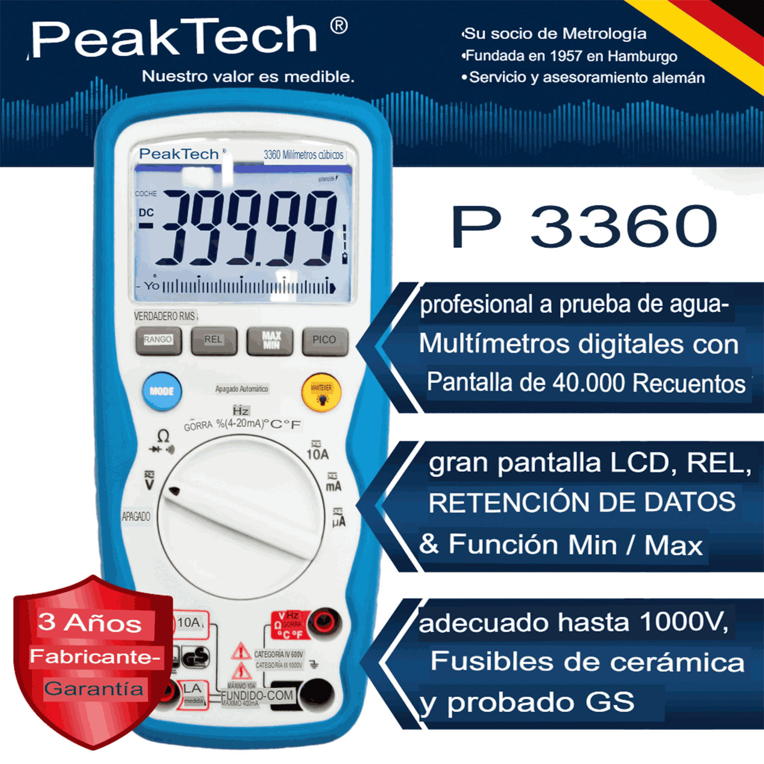 PeakTech P 3360 Multímetro Digital, 40000 cuentas, IP67, TrueRMS - Image 2