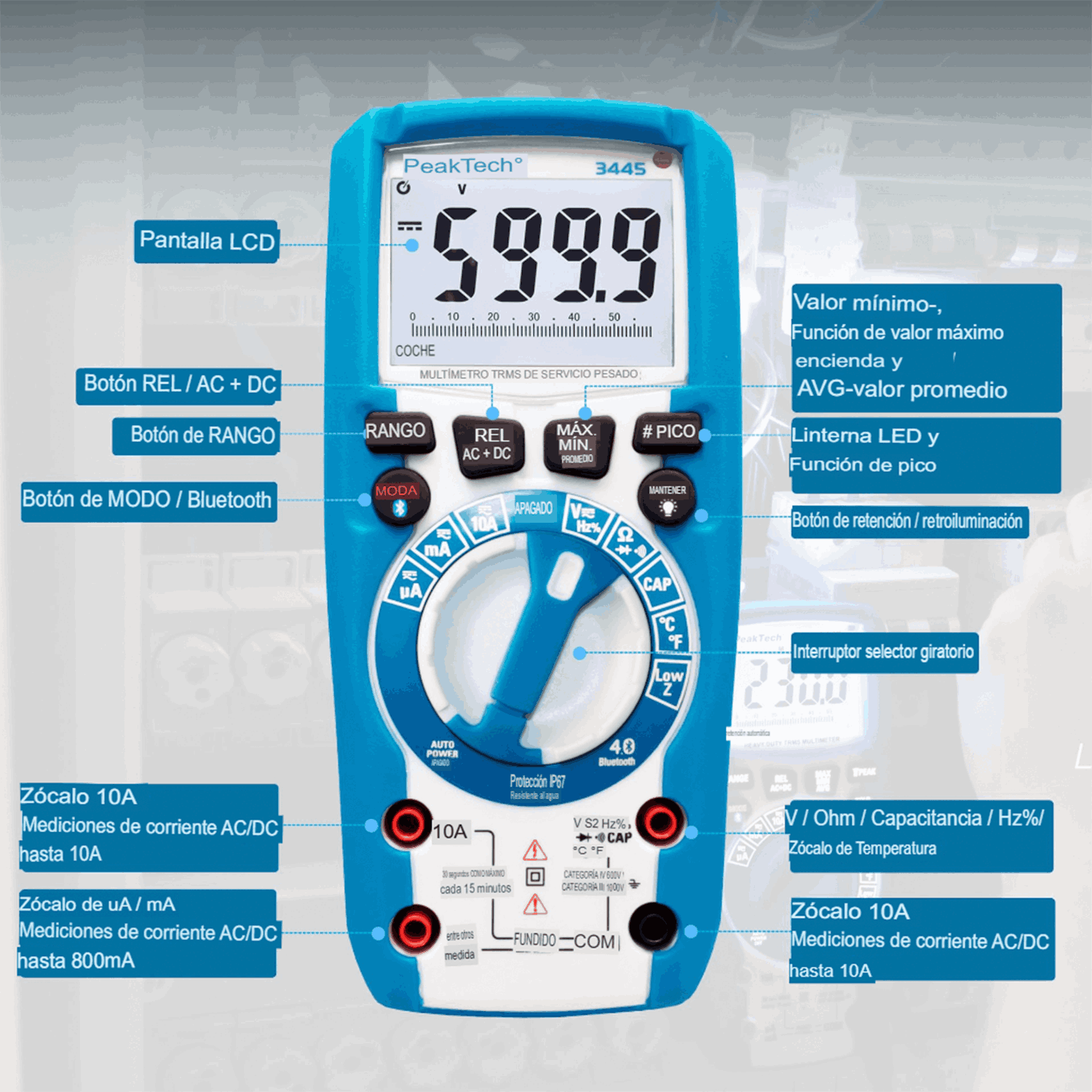 PeakTech P 3445 Multímetro Digital 6000 cuentas TRMS, IP67, BT - Image 3