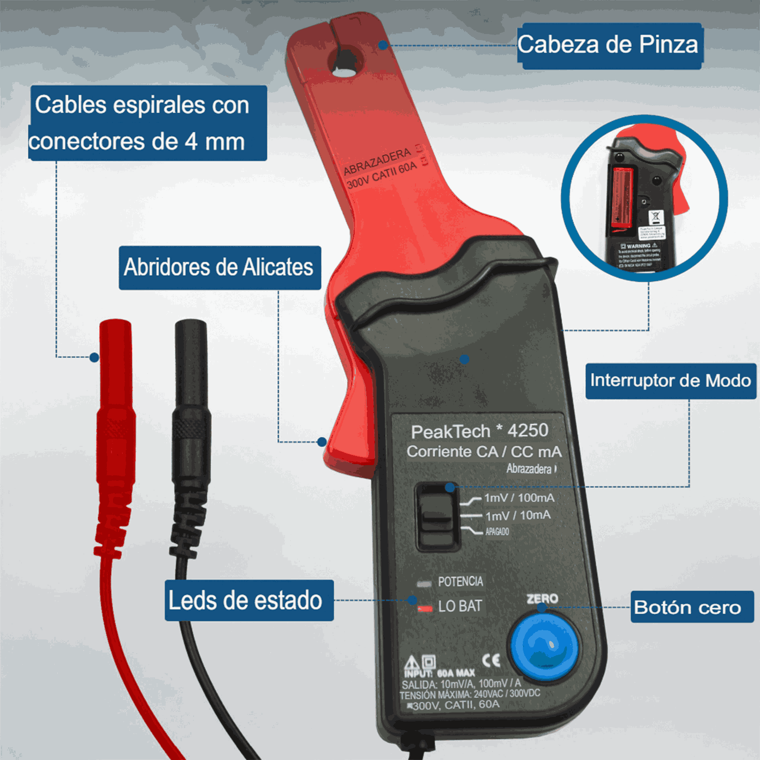 PeakTech P 4250 Adaptador - Pinza Corriente 60A AC/DC clavijas 4mm - Image 2